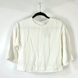 Derek Lam 10 Crosby Ivory Fringe 3/4-Sleeve Round Neck Cropped Top